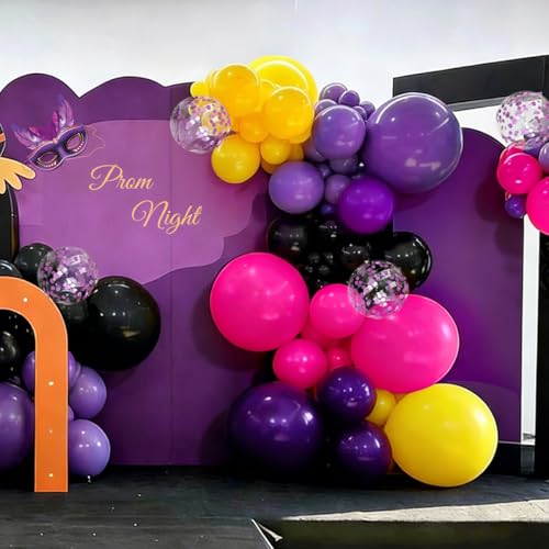 Image of MEBAY Hot Pink Purple Black Yellow Baloon Garland Arch Kit, 146Pcs Latex Balloons Different Sizes 18 12 10 5 inch for Birthday Wedding Graduation Engagement Party Decorations