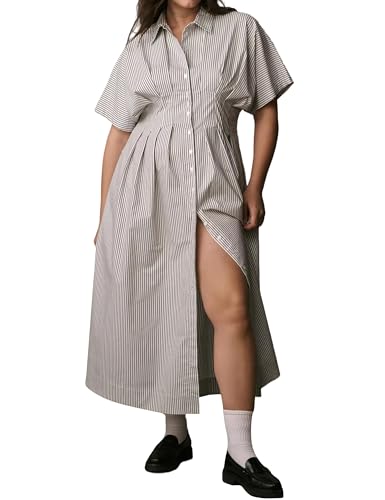 Image of Women's Striped Button Front Pleated Maxi Shirts Dress Short Sleeve Collar V Neck Summer Casual Corset Long Dress