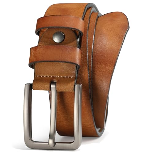 SANSTHS Mens Full Grain Genuine Leather Belt Heavy Duty Work Casual Every Day Belt for Jeans,Tan,M