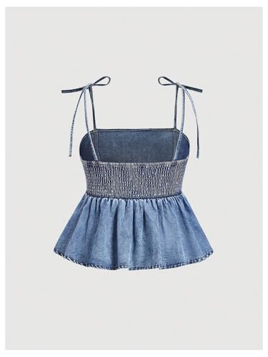 WDIRARA Women's Plus Size Ruffle Denim Cami Top Tie Shoulder Smocked Babydoll Peplum Tops2