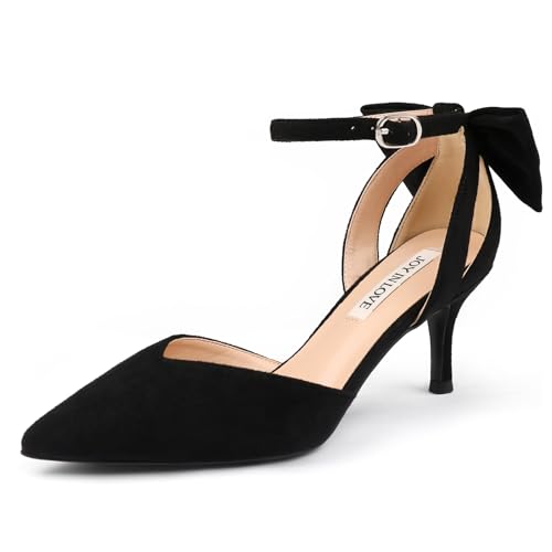 JOY IN LOVE Women's Pumps Kitten Bow Heels Closed Pointed Toe Sandals Ankle Strap Dress Shoes