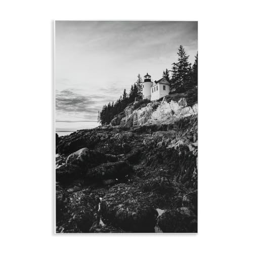 Stupell Industries Monochrome Rocky Shoreline Beach Clouds Lighthouse Photography, Design by Daniel Sproul