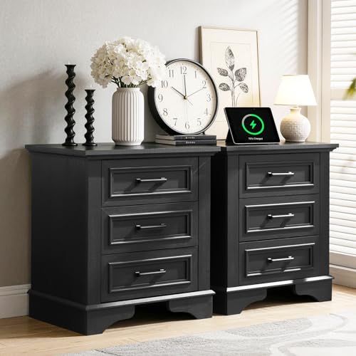 22-Inch Wide Modern Nightstands Set of 2 with Charging Station,
