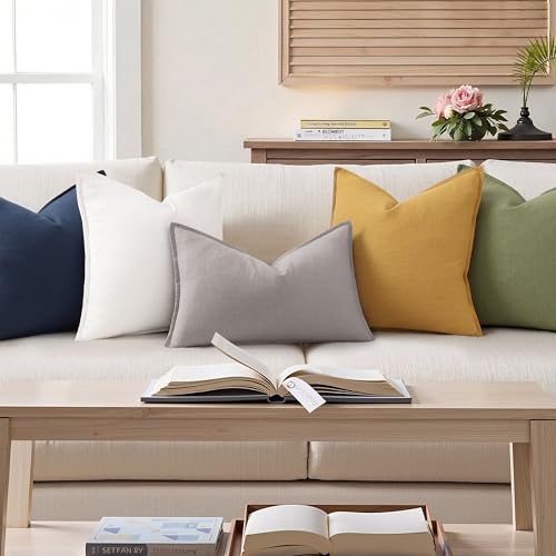 Image of decorUhome Decorative Linen Throw Pillow Covers 12x20 Inch Set of 2 Light Grey Lumbar Pillow Covers with Flange Edges Soft Farmhouse Boho Accent Pillow Cases for Couch Bed Living Room