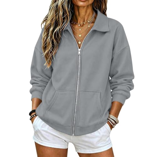 dyiozbga Womens Sweatshirts No Hood Oversized Loose Casual Long Sleeve Collared Jackets 2026 Fall Winter Clothes Hoodless Hoodies for Women Work Ladies Maternity Jacket Lounge Outdoor Cozy Grey