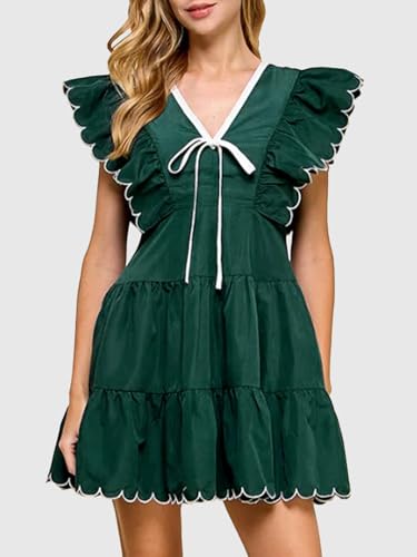 Ruffle Sleeve Tiered Babydoll Mini Dress for Women with Bow Tie Front, Scalloped Edge Contrast Trim Flowy Dress4