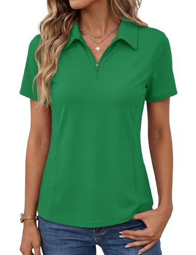 Lomon Womens Polo Shirts V-Neck Polos Upf 50+ Short Sleeve Golf Shirt For Work Uv Protection Collared Shirt (Green M)