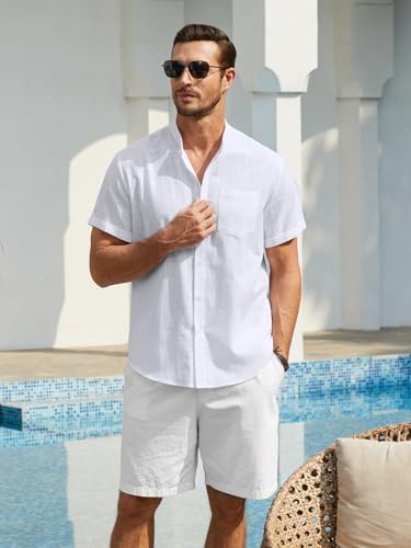 Enlision Camisa Lino Hombre Manga Corta Camisas Blanco para Hombre Casual Sin Cuello Henley Shirt de Lino Algodón con Botónes Top Ibicenca de Verano Playa Boda L
