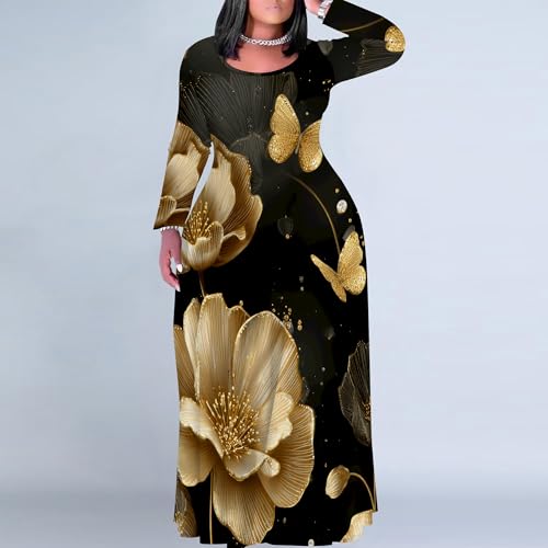 Image of PinkPatty Plus Size Maxi Dress for Curvy Women Crew Neck Long Sleeves Casual Dress Vacation Sundresses with Pockets