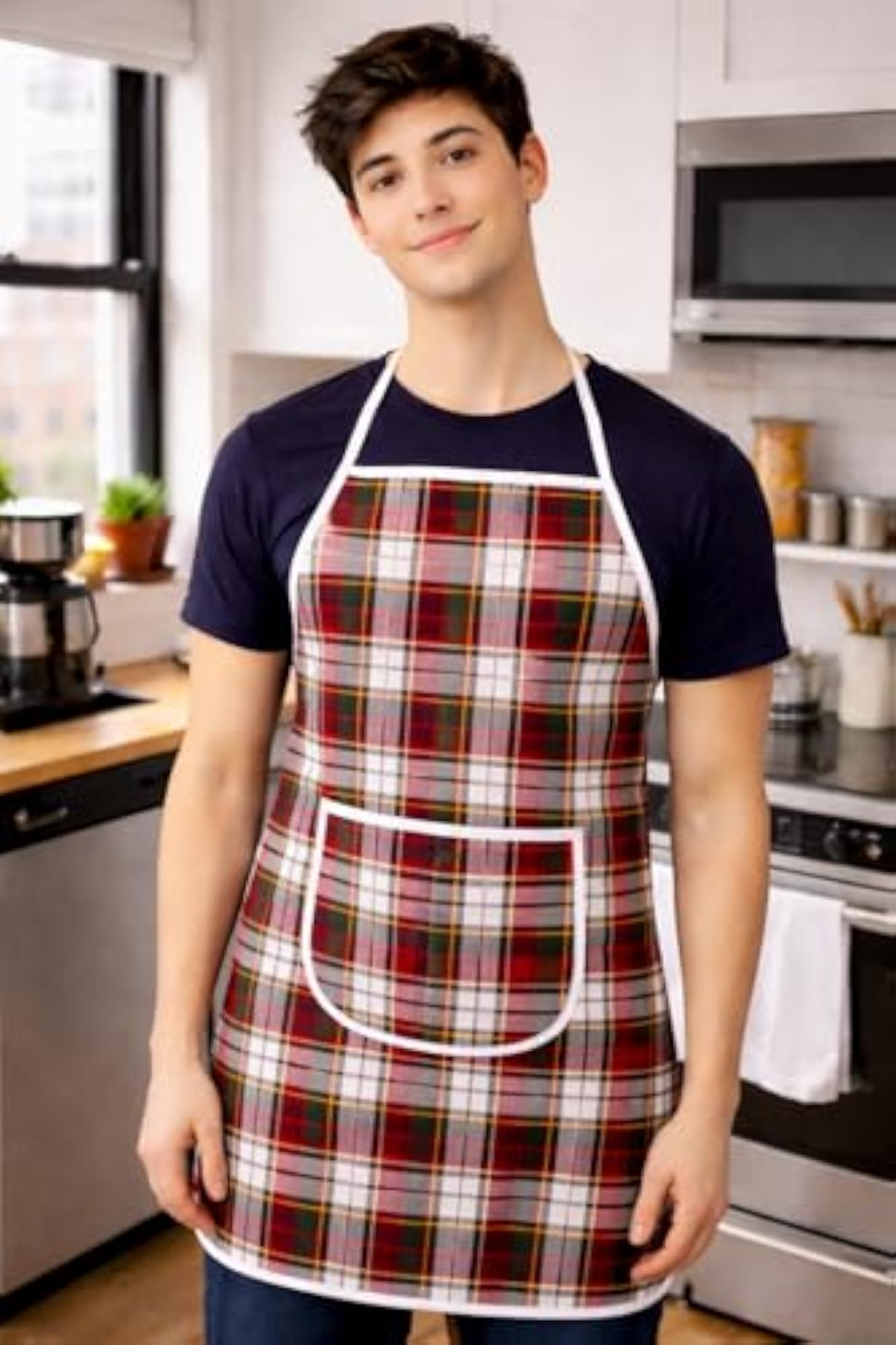 Unisex Kitchen Checkered Design Apron with Pocket