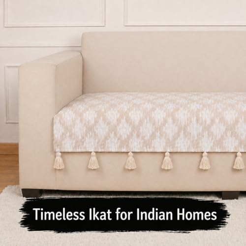 Image of STITCHNEST 'Verdant Ikat Stories' 2 Seater Sofa Cover| Elegant Jacquard Fabric, Decorative Tassels, Washable & Durable for Modern Living