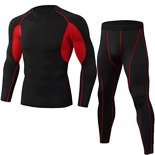 Ensemble Compression Homme Sport Fitness Vêtement Running T-Shirt Compression Legging Collant Sport Vetement Fitness pour Sports Jogging Musculation,Noir Rouge,M Cover