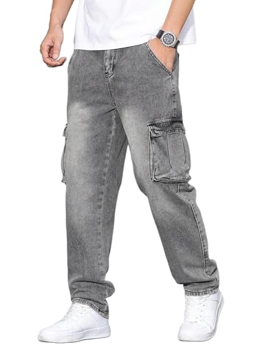 Image of JMIERR Men's Elastic Waist Cargo Jeans Stretch Denim Pants with Drawstring Relaxed Fit for Casual Daily Wear