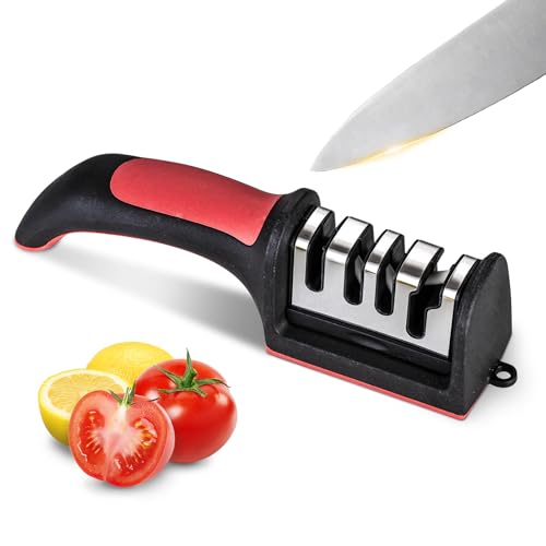 Professional 4-in-1 Knife Sharpener with Tungsten Steel & Ceramic Slots, Manual Sharpener for Chef Knives, Scissors & Straight Edge Blades - Home Kitchen Tool