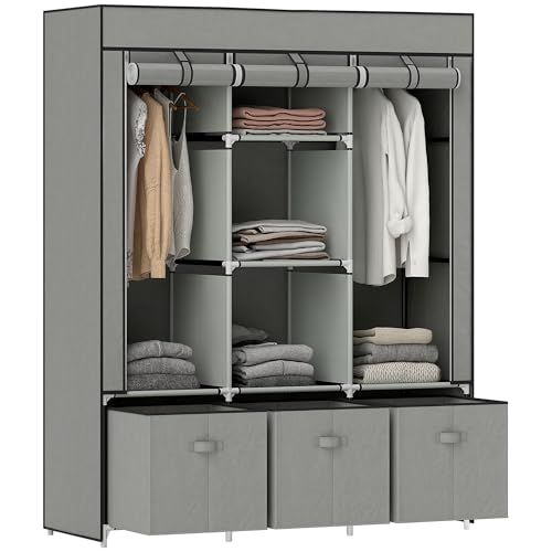 HOMCOM Kleiderschrank Stoffschrank mit Kleiderstange, Schubladen, Reißverschluss Faltschrank für Schlafzimmer, Ankleidezimmer, 125 x 43 x 162,5 cm, Hellgrau