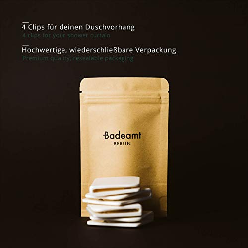 Badeamt Berlin - Duschvorhang Clips, Weiß, 4 Stück, Selbstklebend, für deinen Duschvorhang - Anti Splash- / Spritzschutz für die Dusche, cleveres Zubehör für Dein Badezimmer