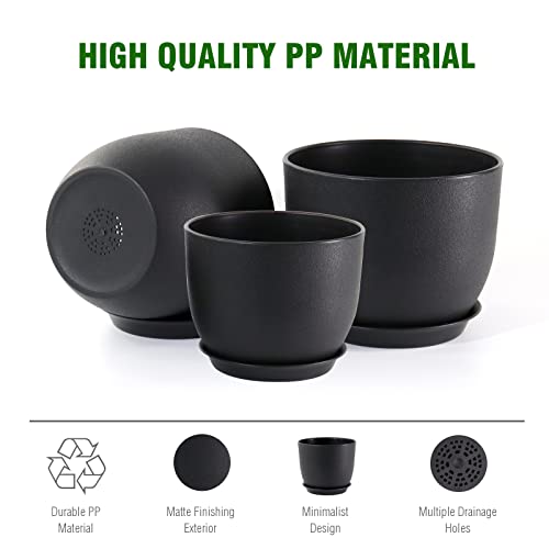 Wousiwer Plant Pots 10/9/8 Inch, Set Of 3 Modern Decorative Plastic Planters With Drainage Holes And Saucers For House Plants Indoor Flowers Plants, Black #TOP3