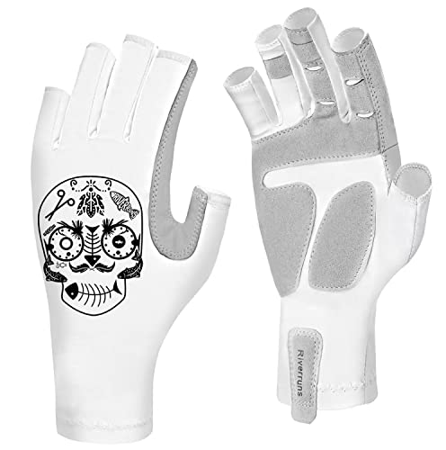Riverruns Fingerless Fishing Gloves- Fishing Sun Gloves- Uv Protection Gloves Men And Women Fishing, Boating, Kayaking, Hiking, Running, Cycling And Driving (White Skull, M) #TOP17
