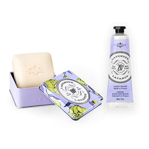 La Chatelaine 20% Shea Butter Lavender Hand Cream + French Soap in a Tin, Moisturizing, Nourishing, Made in France, Travel Size Hand Lotion 1 fl oz, Natural Triple Milled Bar (100 g), Bundle
