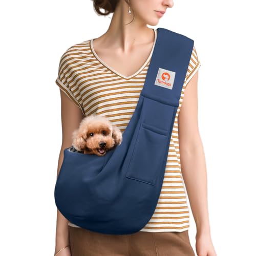 Image of Tomkas Small Dog Cat Sling Carrier Puppy Purse Travel Wrap Soft Crossbody Pet Bag (Dark Blue, M - Zip Pocket & Classic Strap)