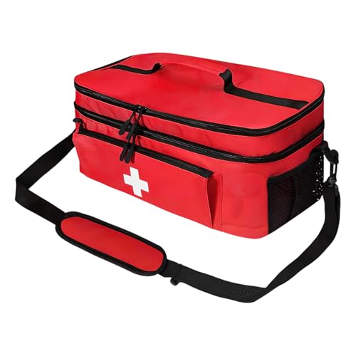 Tragbare Erste-Hilfe, Medikamententasche mit großer Kapazität, Mehrfächer-Organizer mit Schulterriemen, Leere Notfalltasche für Schule, Reisen und häusliche Pflege, Krankenschwester Tasche (Rot)