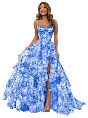 Floral Print Tiered Prom Dresses Long Ball Gown 2025 Strapless Tulle Lace Formal Evening Gowns with Slit