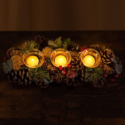 Marco Paul Christmas Cone & Berry Triple Tea Light Holder Festive Candle Holder Traditional Rustic Candle Holder Tea Light Votive Pine Cone Display Ornament Centrepiece Gift Indoor Lighting Home Decor
