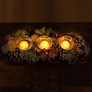 Marco Paul Christmas Cone & Berry Triple Tea Light Holder Festive Candle Holder Traditional Rustic Candle Holder Tea Light Votive Pine Cone Display Ornament Centrepiece Gift Indoor Lighting Home Decor