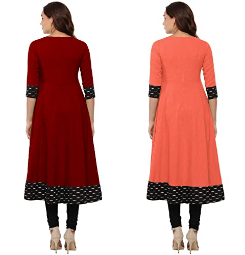 Image of NATEK Plain Cotton Everyday Wear Anarkali Top Kurtas for Ladies Women - Combo Sets of 2 Maroon, Peach Colour XX-Large Size