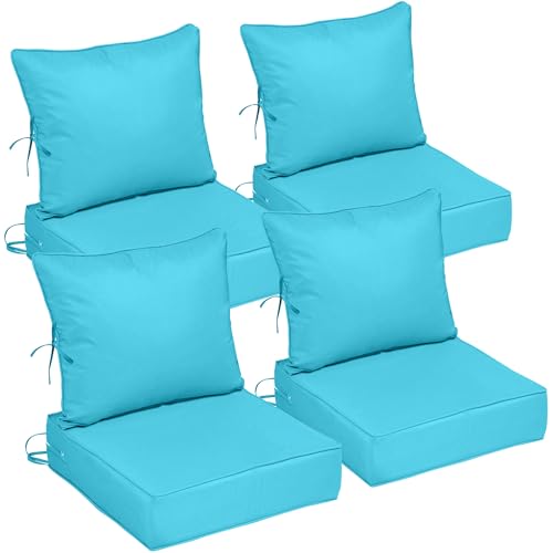Image of 24x24 Outdoor Chair Cushions Set of 4, Waterproof Deep Seat Cushions for Patio Furniture with Removable Cover, Fade Resistant 4'' Outdoor Seat Cushion w /Ties&Handle for Sofa Loveseat, Lake Blue