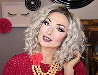 Cosswigs Ombre Platinum Blonde Wig Realistic Looking Soft Curly Wavy Bob Synthetic Lace Front Wigs Glueless Dark Roots Heat Resistant Hair 14inches