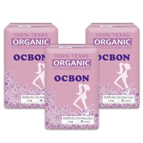OCBON Salvaslips sanitarios ultrafinos (largos, 18 cm, 108 unidades) - Ultra delgados, sin perfume, 100% algodón orgánico para mujer. Sin químicos, extra suaves, ideales para pieles sensibles