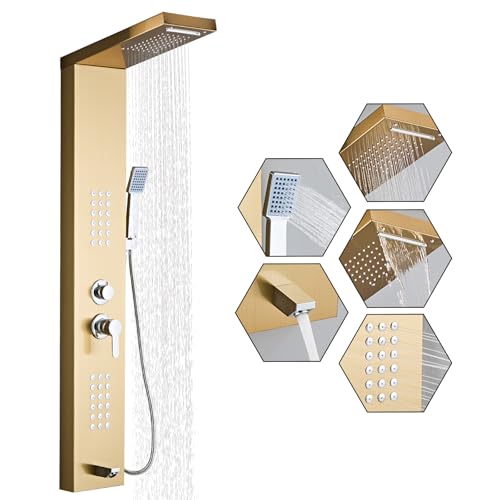 HSYLYPA Shower Panel Tower System 5-in-1 Shower Panel Tower with Powerful Body Massage, Rainfall, Waterfall,Handheld and Tub Spout, Stainless Steel Shower Column - Brushed Gold