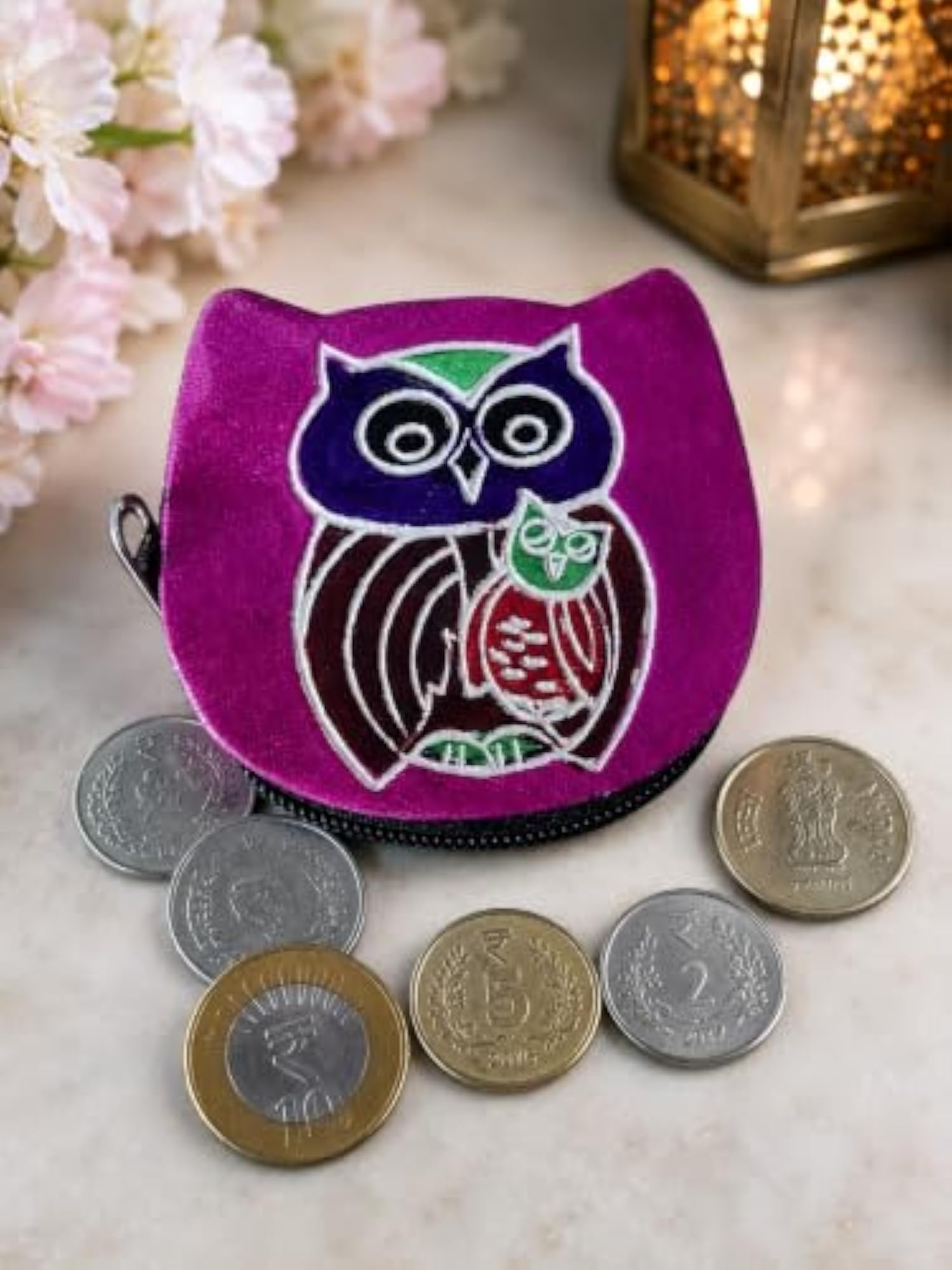Owl Shaped Leather Coin Purse, Purple with Hand-Painted Design