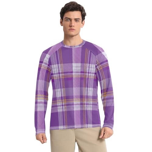 Purple White Yellow Plaids Men's Rash Guard Long Sleeve UPF 50+ Sun Protection Quick Dry Fishing T-Shirts Sun Shirt for Outdoor, Large