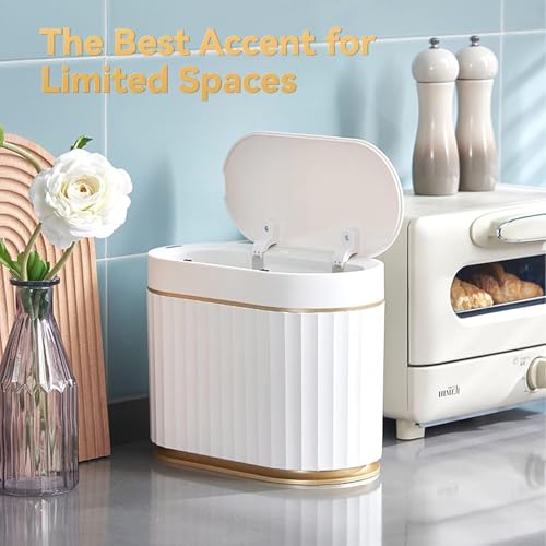 Image of jinligogo ELPHECO Touchless Trash Can with Lid, 1.3 Gallon / 5 Liter Small Automatic Motion Sensor Garbage Bin, Slim Rectangular Plastic Wastebasket for Bathroom, Bedroom, Kitchen, Office (Golden)