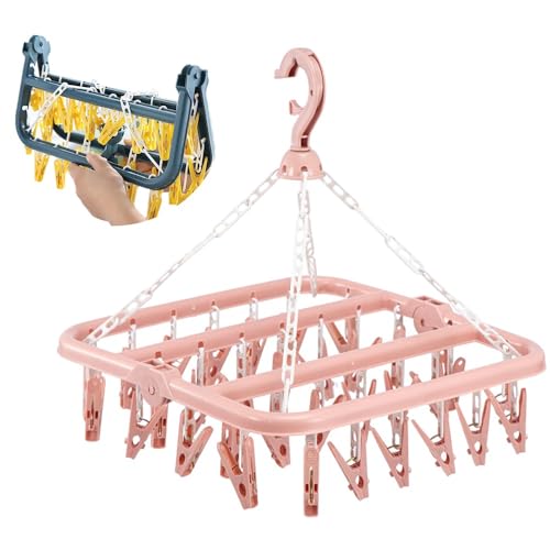 QGTISNNK Clothes Drying Hanger, with 32 Clips and Drip, Foldable Clothes drying rack, Plastic Washing Line Portable Airer Dryer(Pink) QGTISNNK Clothes Drying Hanger, with 32 Clips and Drip, Foldable Clothes drying rack, Plastic Washing Line Portable Airer Dryer(Pink)