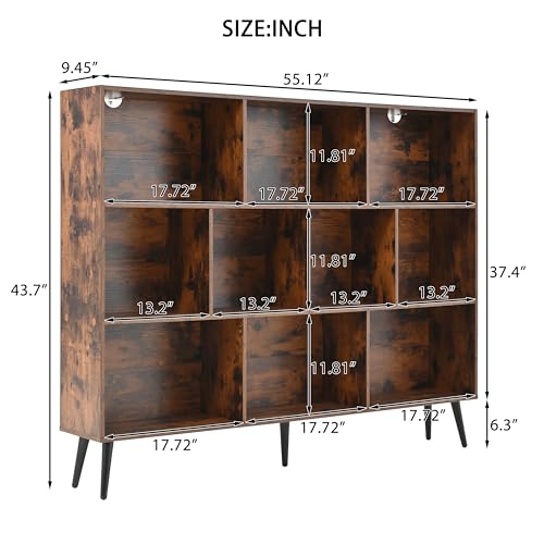 GarveeHome Wooden 3-Tier Open Shelf Bookcase, 10 Cubes Bookshelf, Freestanding Book Shelf Storage Organizer with 5 Iron Legs for Home Office, Living Room, Bedroom, Brown