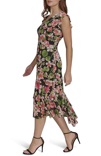 Image of Tommy Hilfiger Women's Flutter Sleeve V-Neck Ruffle Trim Hi-Lo Midi Dress