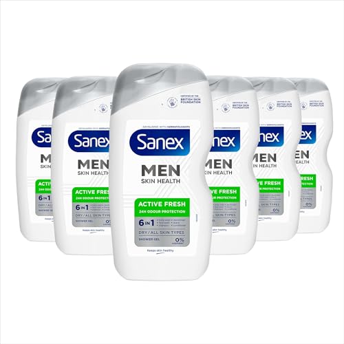 Sanex Men Skin Health Active Fresh Shower Gel 400ml X 6- Dry Skin Body Wash For Men – Controls Body Odour For 24 Hours – Deeply Hydrates – 6-in-1 Benefits – Dermatologically Tested – 0% Sulphates*