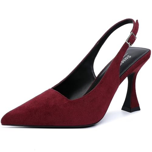 Image of Susanny Slingback Kitten Heels Elegant Dressy Pumps for Women Closed Pointy Toe Sexy Chunky High Heels Wedding Bride Prom Party Dress Shoes