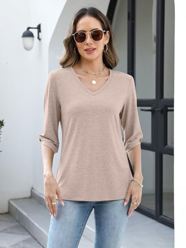 Image of TICTICMIMI Womens Tops 3 /4 Length Sleeve V Neck Casual Trendy Button Tunic Tops Summer Basic T-Shirts Loose Fit Pullover