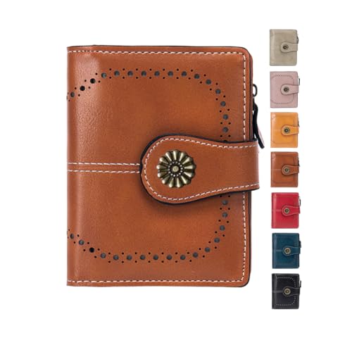 Carteira feminina dobrável de couro com bloqueio de RFID, porta-cartões compacta com bolso para moedas com zíper, Marrom, Carteira feminina de couro