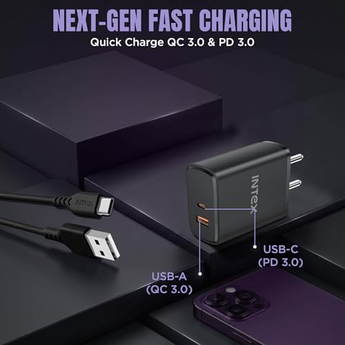 Image of Intex Bolt Quick 22.5W PD Fast Charger Adapter with 1 Meter Type C to C Data Syn, Compatible with iPhone 16 /16 Plus /16 Pro /16 Pro Max, 15 /15 Plus /15 Pro /15 Pro Max, Laptop - Black