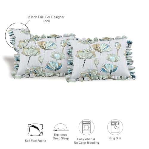 Image of 350 TC Premium Heavy Cotton Feel Elastic Fitted Bedsheet King Size with 2 Frill Pillow Covers King Size || Double Bed with All Around Elastic (Floral White, Fitted - 72 inchx78 inch King)