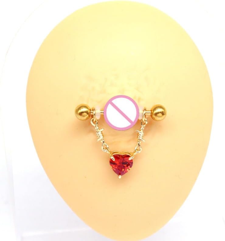 14G Heart Dangle Nipple Rings for Women Stainless Steel Gold Plated Red CZ Dangle Nipplerings Nipple Stud Barbell Body Piercing Jewelry - Image 2