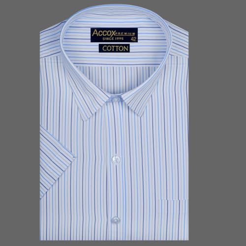 Image of ACCOX Premium Breathable Cotton Half Sleeves Striped Checkered Double Blue Formal Regular Fit Shirt for Men (S GCR03)