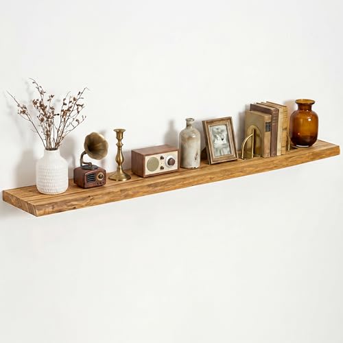 Image of Dreamland 55 Inch Floating Shelves for Wall, Solid Elm Wood Live Edge Wall Shelves for Living Room, Bedroom, Kitchen, Bathroom, Wall Mounted Long Floating Shelf Set of 1, Natural
