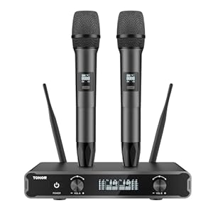 TONOR Dual Wireless Microphone Systems, UHF Cordless Karaoke Microfono Set, Metal Handheld Dynamic Mic 200ft for Singing with Receiver for Karaoke, DJ Party, Church, Wedding, Speech, PA TW450 Grey
