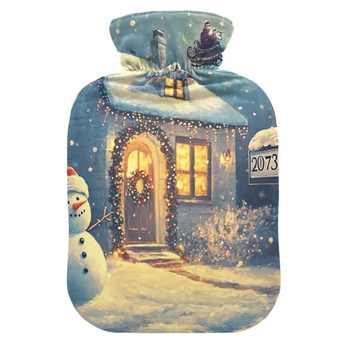 Snowy Cottage Night Blue Hot Water Bottles Hot or Cold Water Bottle with Soft Cover Hot Water Bag for Neck, Shoulder and Menstrual Cramps, 2L